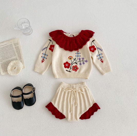 Helen Set: Embroidered Ruffled Top & Lace Pants (One Set)