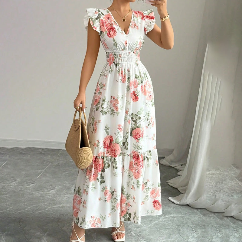 Womens Casual Summer Maxi Dress. Flutter Short Sleeve V Neck Smocked dress, A Line Flowy Beach Vacation Long Dresses