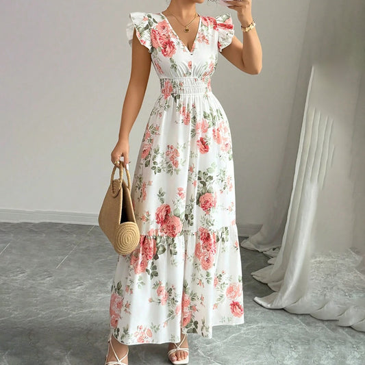 Womens Casual Summer Maxi Dress. Flutter Short Sleeve V Neck Smocked dress, A Line Flowy Beach Vacation Long Dresses