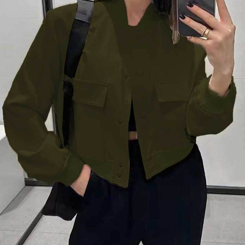Fashion Button Stand-collar Jacket With Big Pockets. Casual Loose Short Outwear Tops Coat For Women