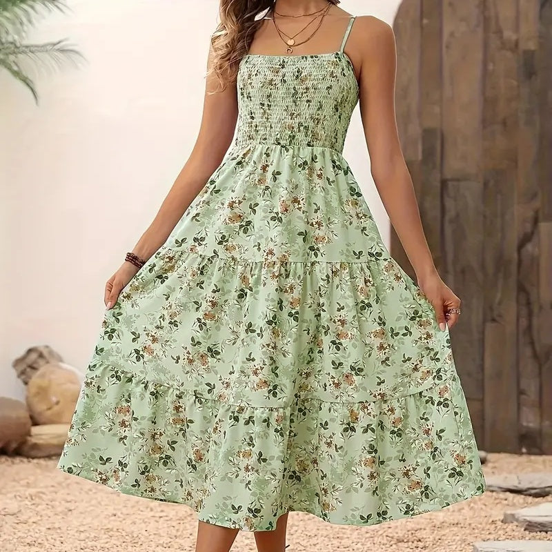 Womens Summer Floral Midi Dress. Smocked Spaghetti Strap Sleeveless Tiered Casual Flowy Dresses