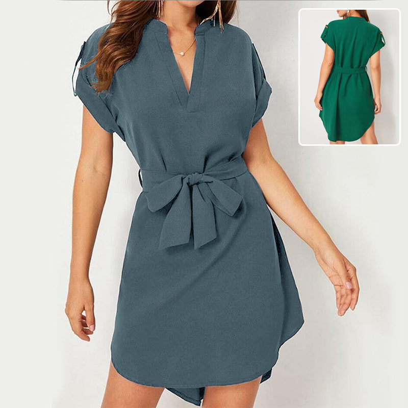 V-neck Short Sleeve Dress With Belt. Summer Fashion Bowknot Dresses For Women Clothing
