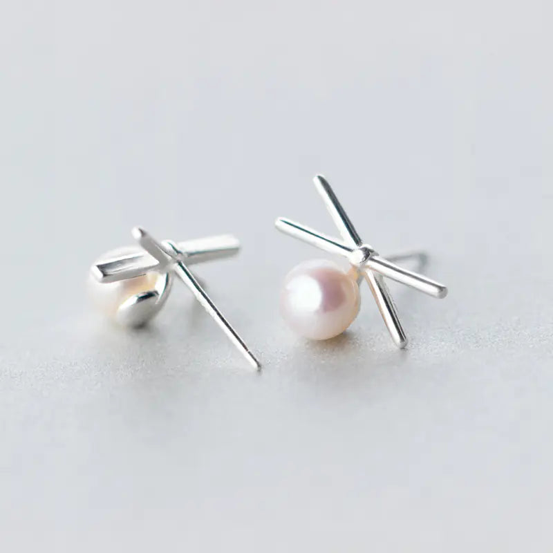 S925 Silver Pearl Cross Line Earrings for Women