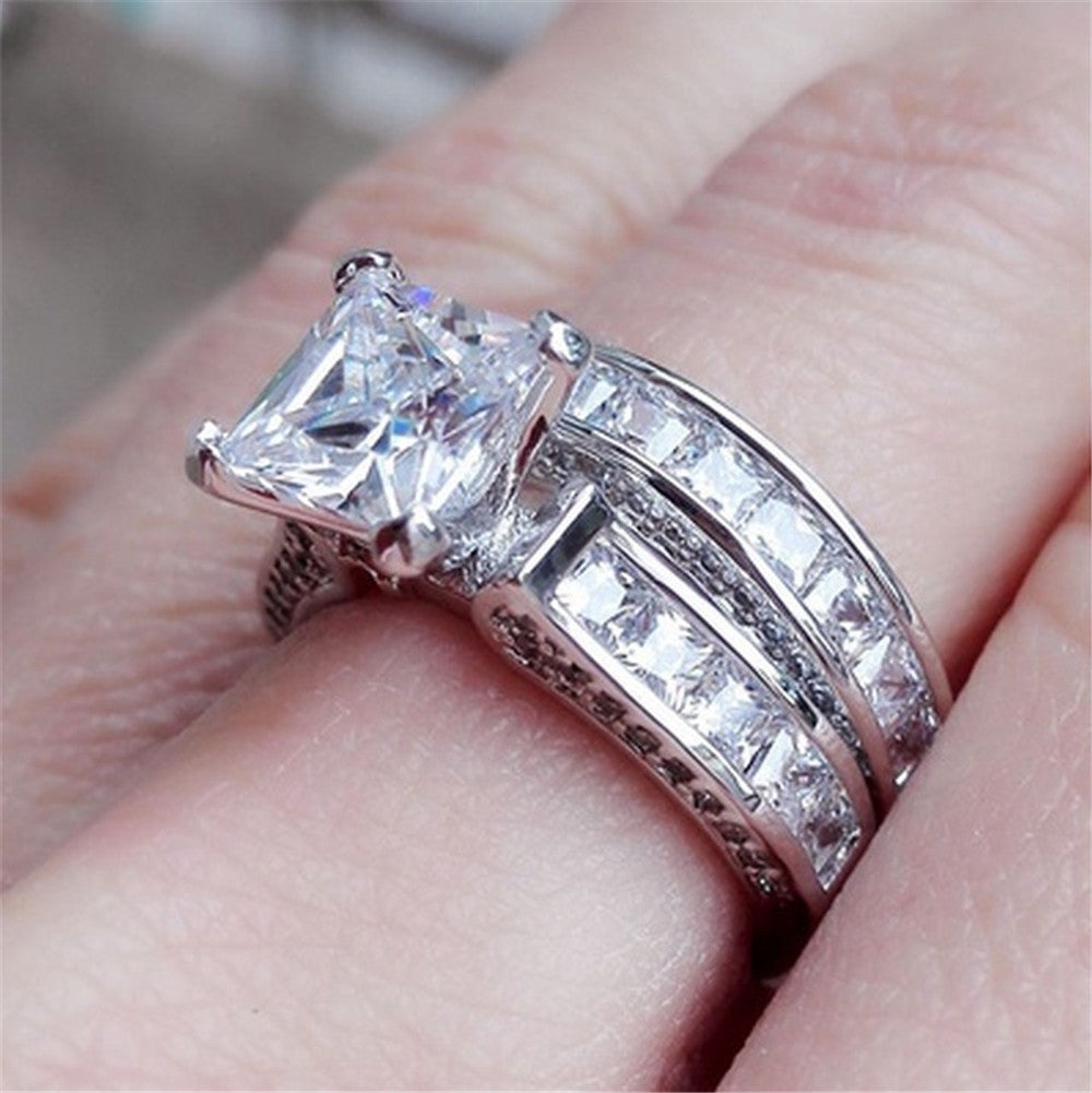 New Style Charm Couple Rings. Silver Color, Princess Cut CZ Anniversary Promise Wedding Engagement Ring Sets