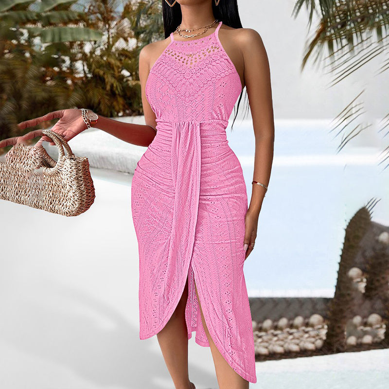 Women's Sexy Halter Neck Ruched Bodycon Midi Dresses. Elegant Sleeveless Cocktail Party Dress