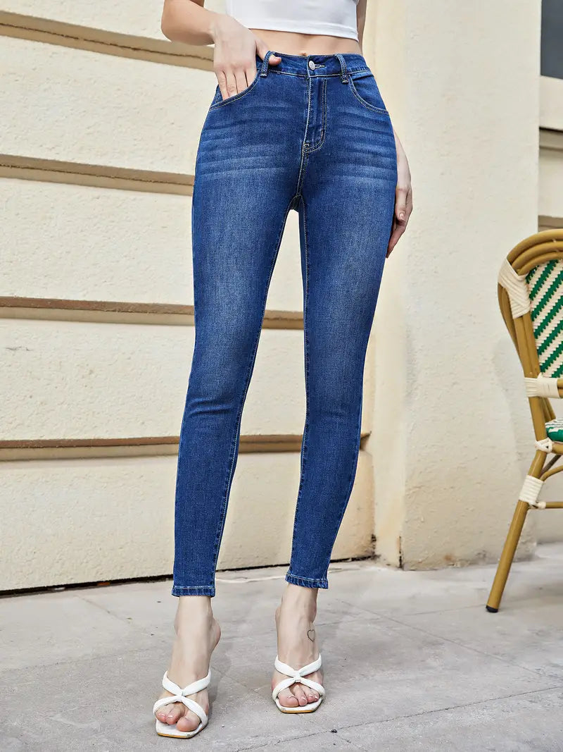 Dark Blue Slim Fit Cropped Denim Pants for Women