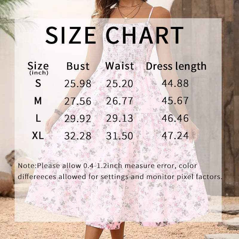 Womens Summer Floral Midi Dress. Smocked Spaghetti Strap Sleeveless Tiered Casual Flowy Dresses