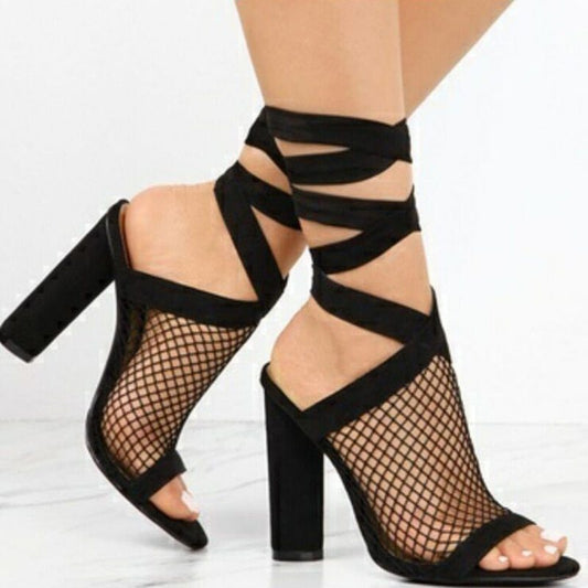 Women Bandage Flock Cross Strap Lace Up High Heels Sandals