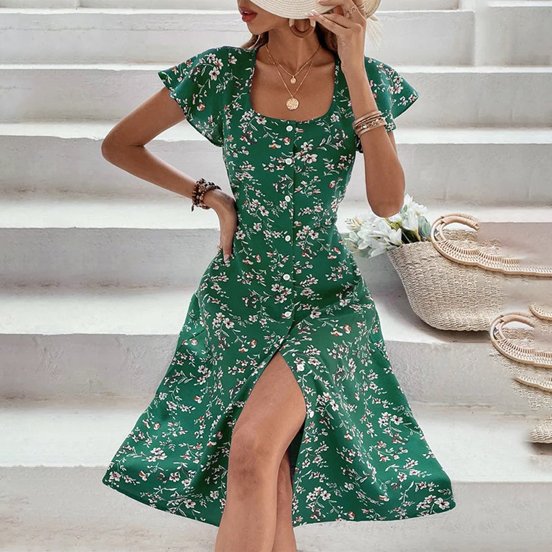 Summer Floral Print Maxi Dresses. Women Button Up Split Flowy Bohemian Beach Party Dress