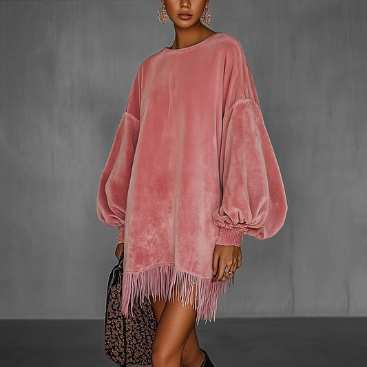 Women's Fringe Hem Mini Dress, Drop Shoulder Long Sleeve Casual Short Dress