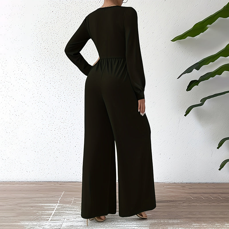 Elegant Jumpsuit With Cross V-Neck & Long Sleeve. Solid Color Belted Wide Leg Pantsuit For Office And Formal