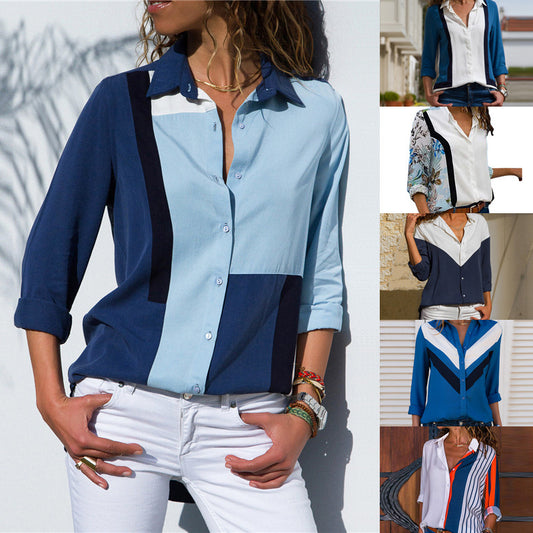 Casual long-sleeved solid color stitching chiffon shirt ladies top