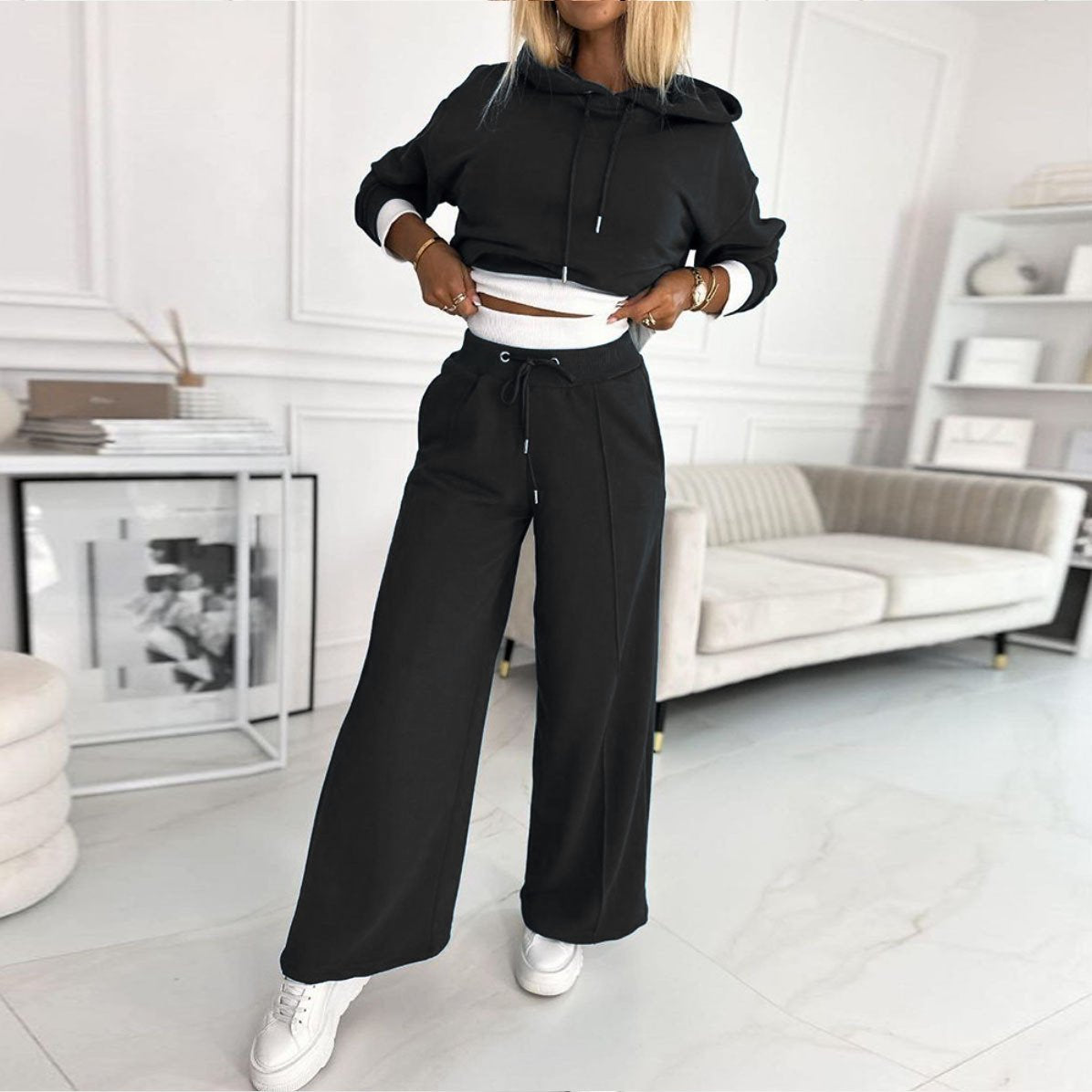 Women's Hooded Patchwork Sweater Two-Piece Set