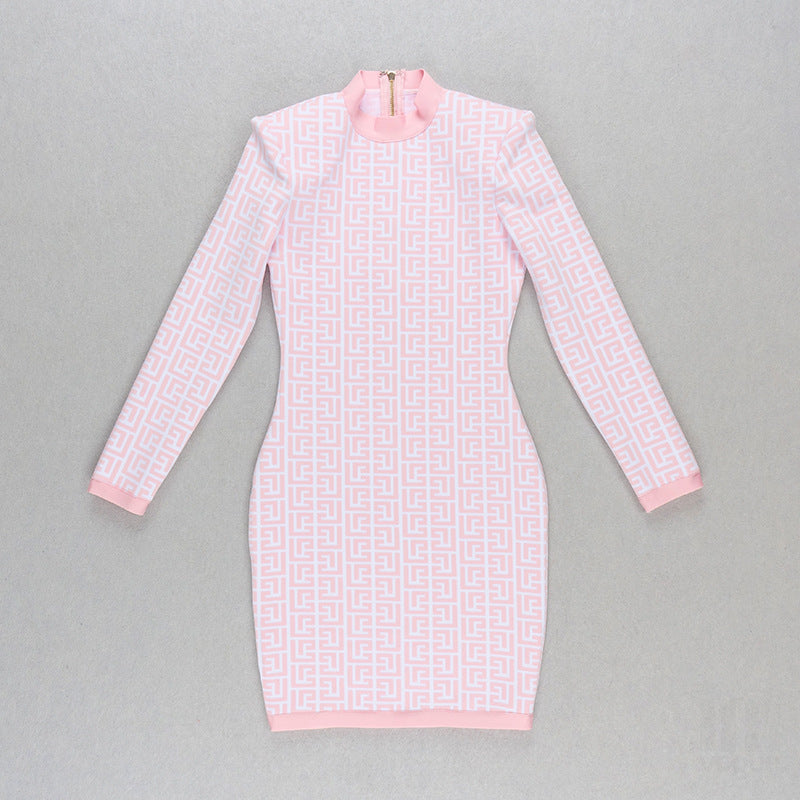 FN Printed Long Sleeve Dress - Sexy Bodycon Mini Skirt