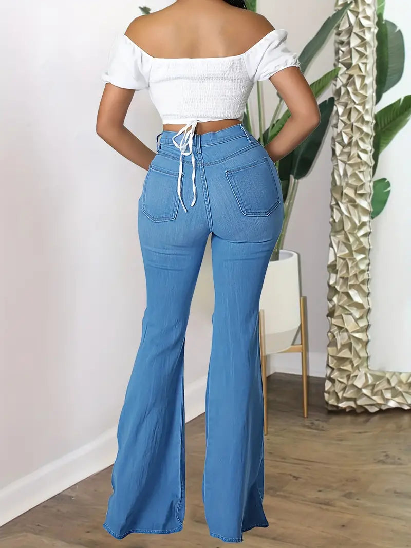 Blue High Waist Flared Ripped Denim Pants for Women
