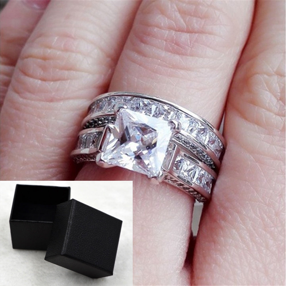 New Style Charm Couple Rings. Silver Color, Princess Cut CZ Anniversary Promise Wedding Engagement Ring Sets