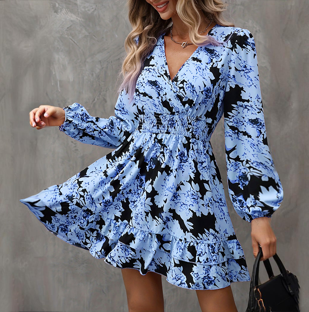 Women's Elegant Printed Lantern Sleeve A-Line Dress. V-Neck, Ruffled Gathered Waist Detail, Flowy Midi Dress For Casual & Formal Occasions