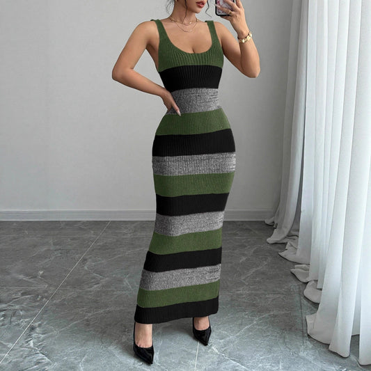 Striped Contrast Color Suspender U-neck Long Knitted Dress