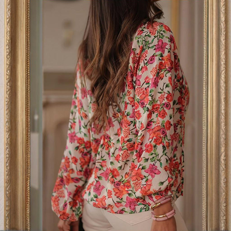 Women's Casual Boho Floral Print top. V Neck Long Sleeve Drawstring Tops, Loose Blouses, Button Down Shirts