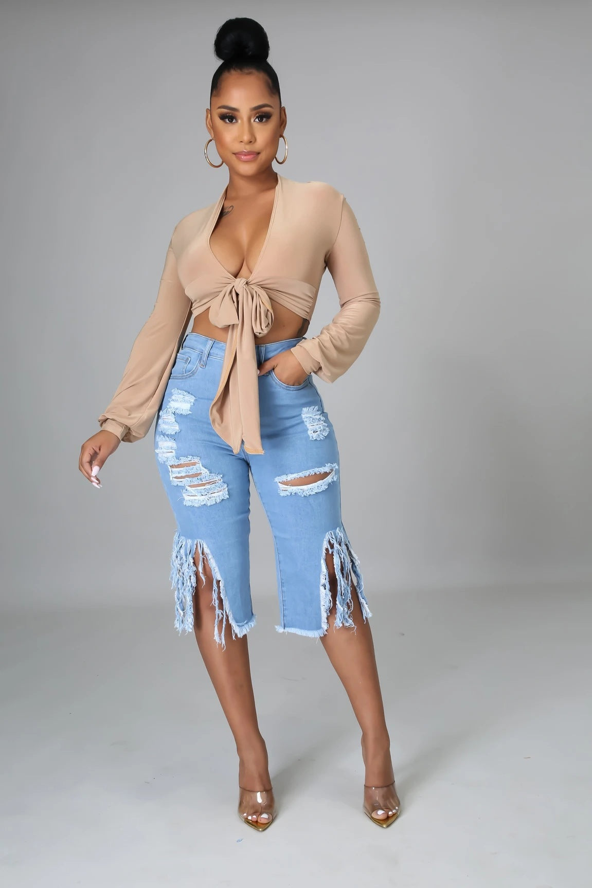 New Style Ripped Elastic Fringed Jeans. Women High Waist Knee-length Casual Slim Fit