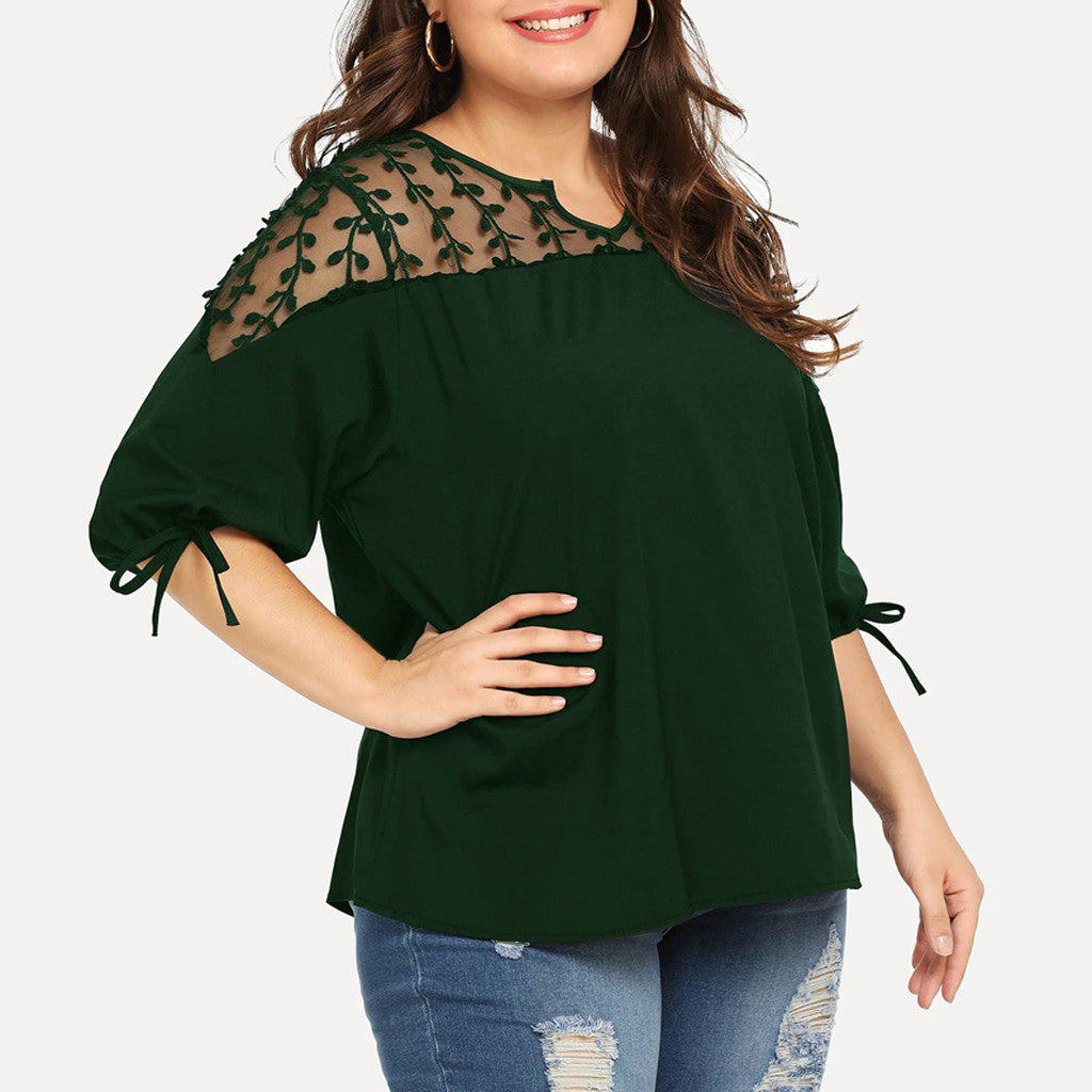 Plus Size Sheer Lace Chiffon Blouses with Ribbons