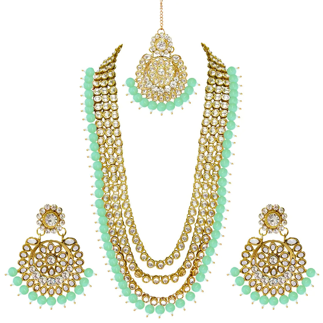 Indian Ethnic Wedding Faux Bridal jewelry. Mint Traditional Long Necklace and Earrings with Maang Tikka.