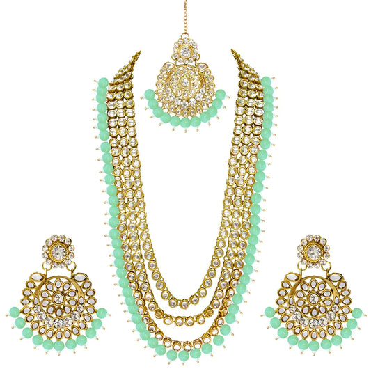 Indian Ethnic Wedding Faux Bridal jewelry. Mint Traditional Long Necklace and Earrings with Maang Tikka.
