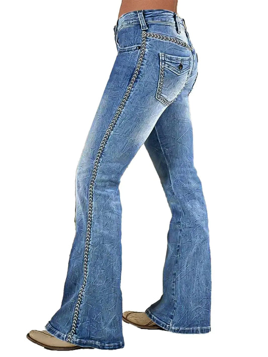 Boot Cut Jeans for Women. Embroidery Mid Waist Wash Tummy Control Jean Flare Stretchy pants. Denim