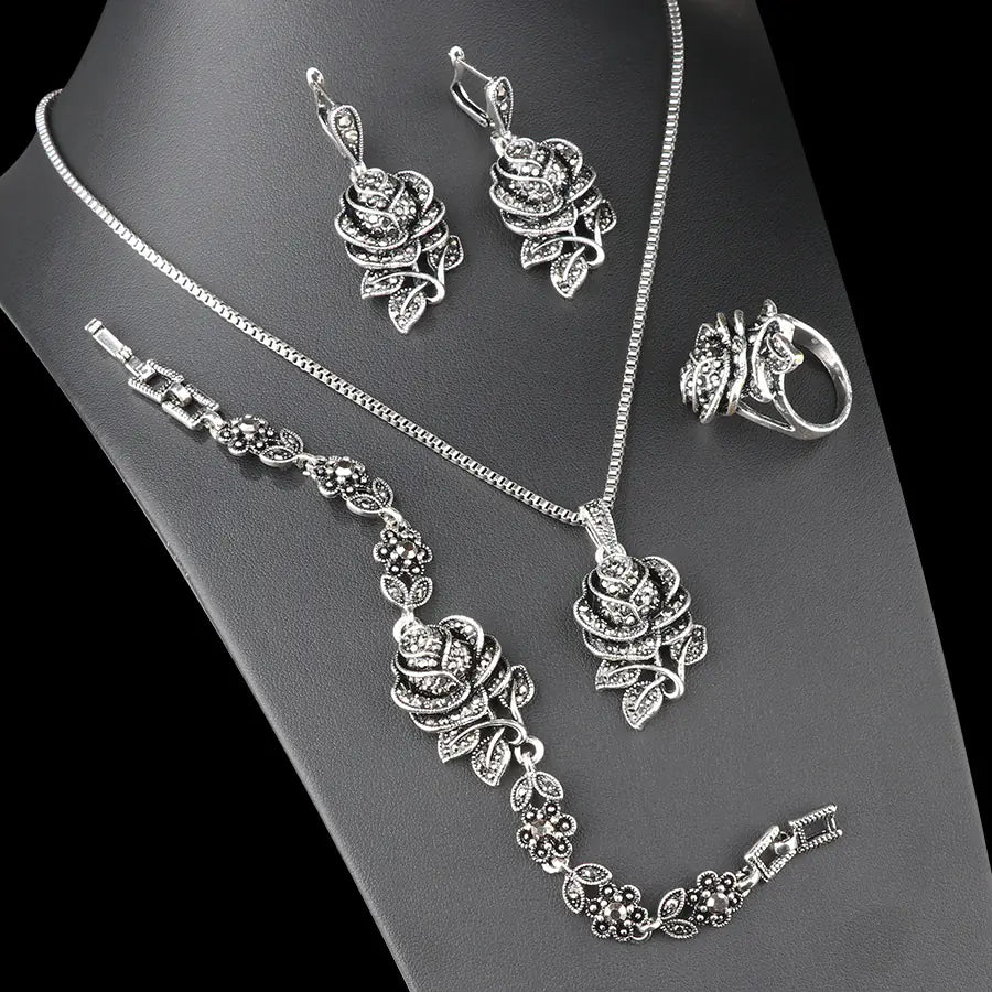 Grey Crystal Steel Jewelry Set: Necklace, Bracelet, Ring, Earrings