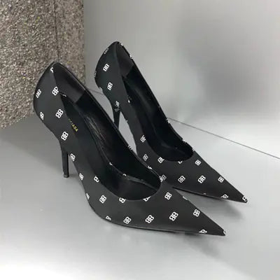 Pointed Toe BB Letter Print Stiletto Heels for Women