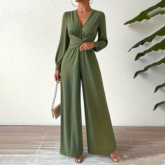 Elegant Jumpsuit With Cross V-Neck & Long Sleeve. Solid Color Belted Wide Leg Pantsuit For Office And Formal