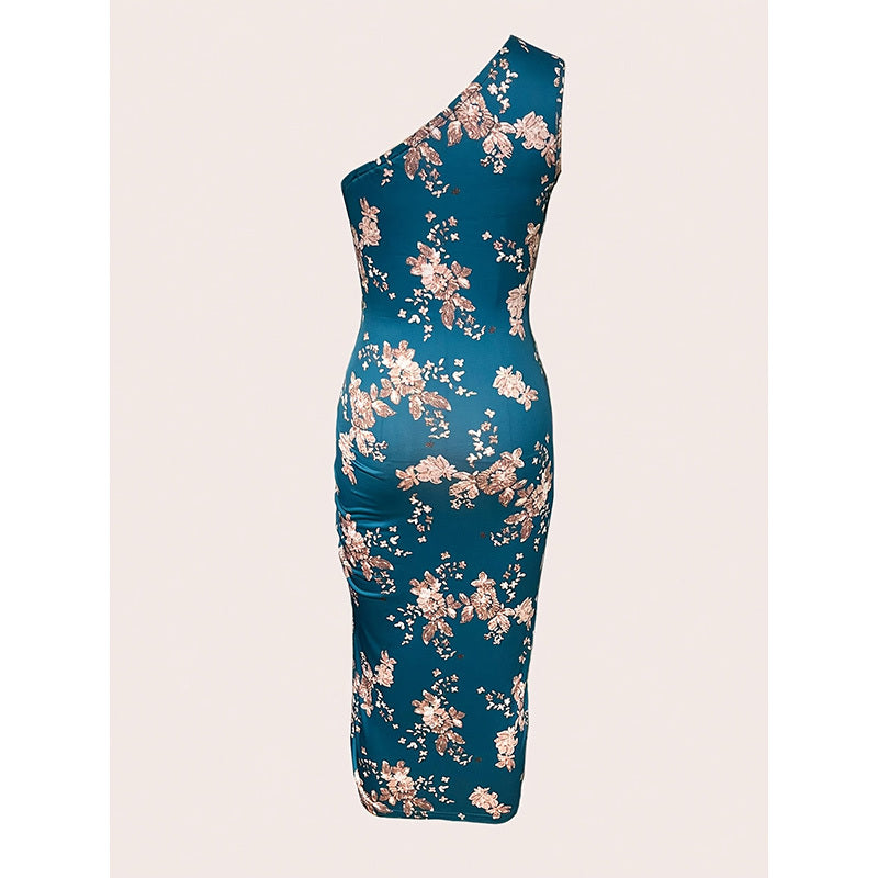 Women's One Shoulder Bodycon Dresses. Ruched High Split Floral Beach Cocktail Dresses.
