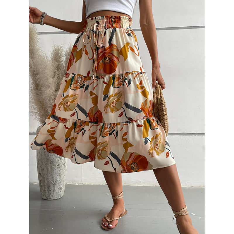 Women's Floral Tiered Midi Skirt. Elastic Waist Dressy Casual A-line Flowy Boho Skirts