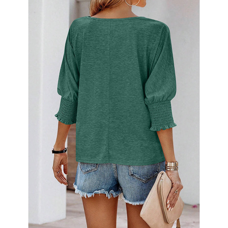 Womens Loose Fit Round Neck Smocked Cuffs Shirts Casual Solid Color Blouses
