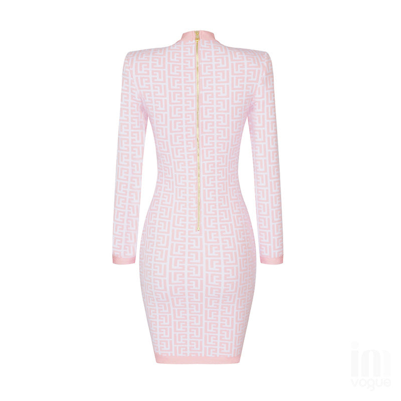 FN Printed Long Sleeve Dress - Sexy Bodycon Mini Skirt