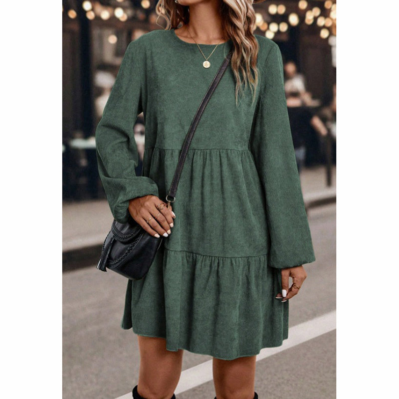 Women's Corduroy Mini Dress - Fall Winter A-Line Long Sleeve Dress, Round Neck