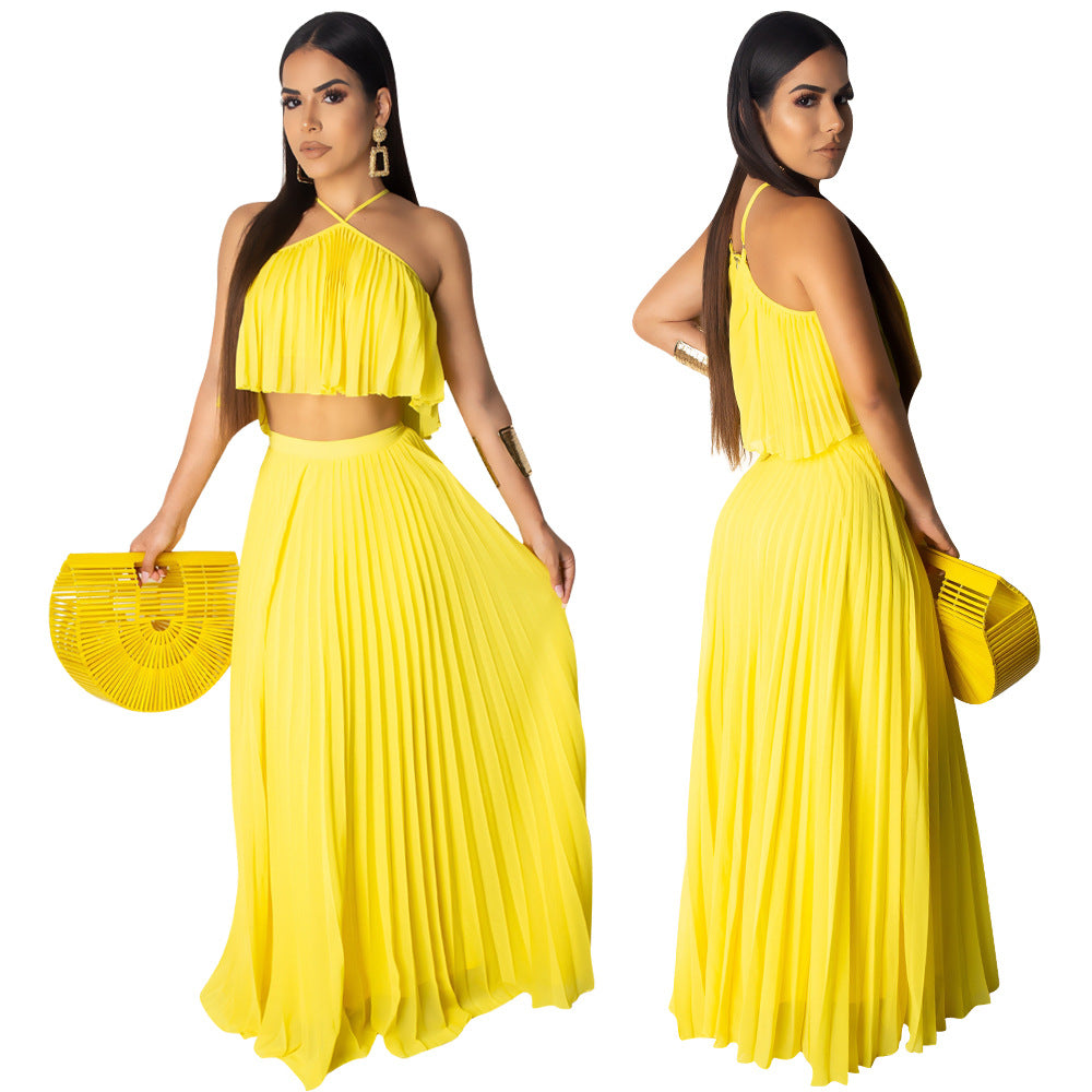 Chic Chiffon Ruched Two-Piece Dress Set in Stock