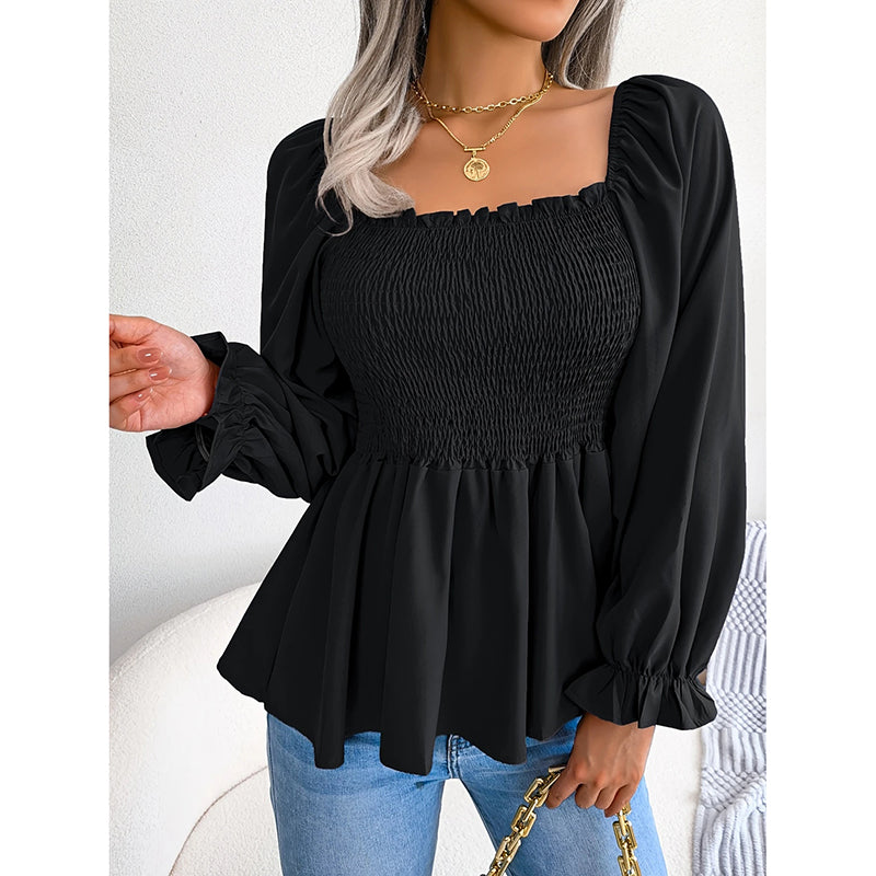 Women's Peplum Tops. Square Neck Ruffle Trim Long Sleeve Blouse, Smocked Top Dressy Casual Shirts