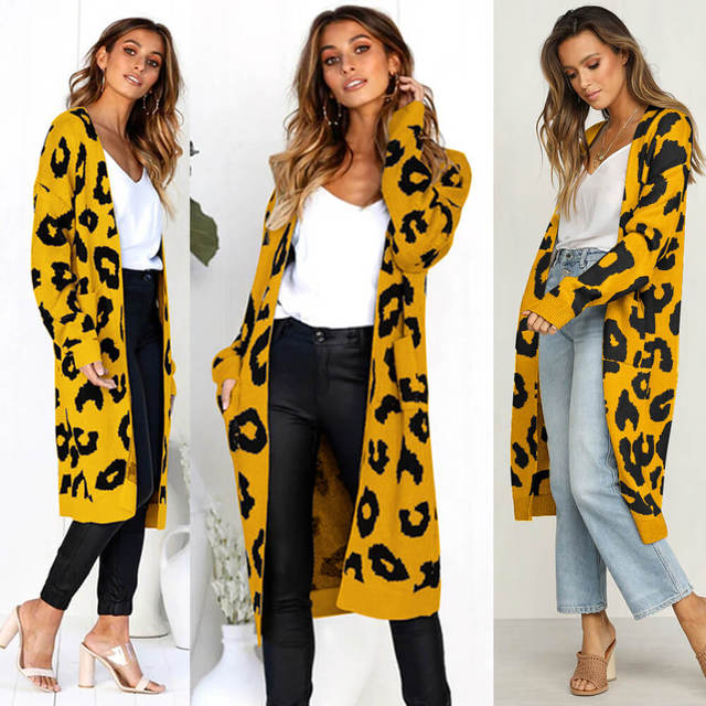 Women's Leopard Knitted Long Sleeve Cardigan Sweater