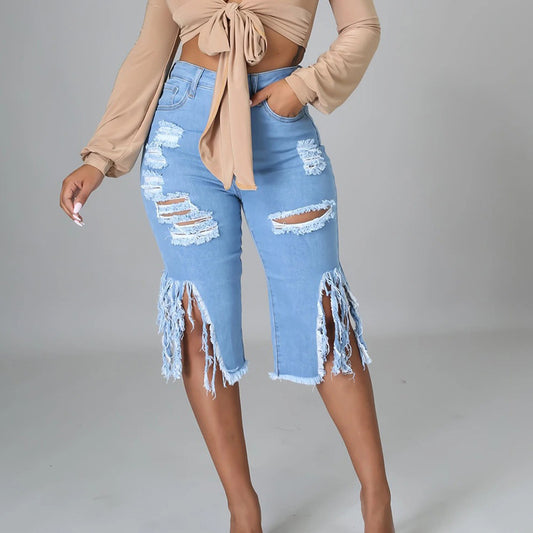 New Style Ripped Elastic Fringed Jeans. Women High Waist Knee-length Casual Slim Fit