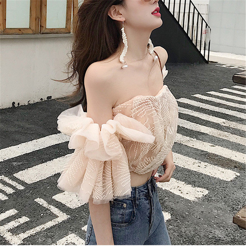 Summer Off Shoulder Mesh Sleeve Women's Blouse