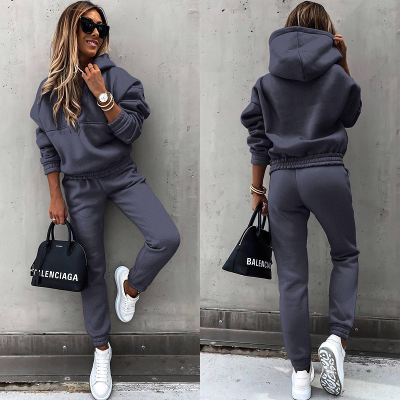 Women's Casual 2-Piece Tracksuit, Solid Color Hooded Sweatshirt And Slim Fit Jogger Pants, For Autumn And Winter