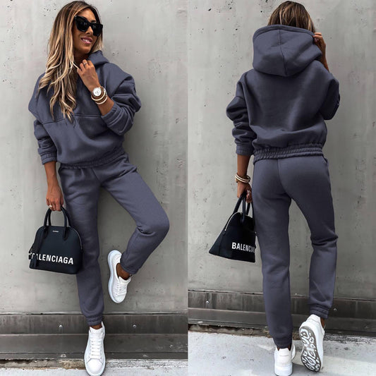 Women's Casual 2-Piece Tracksuit, Solid Color Hooded Sweatshirt And Slim Fit Jogger Pants, For Autumn And Winter