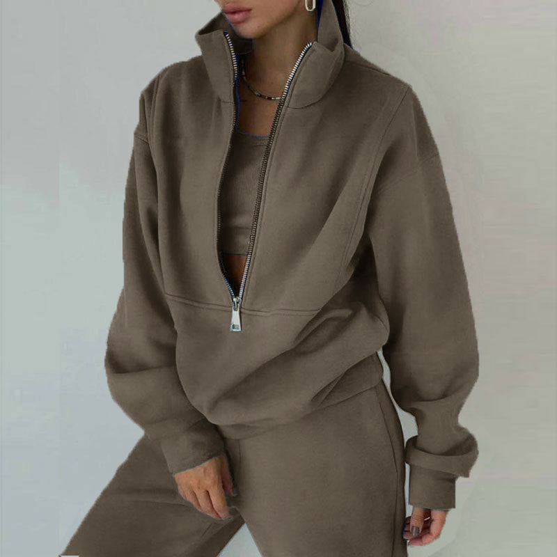 Zip Neck Long Sleeve Sweatshirt & Slim Fit Pants Set - 2 piece Sporty Streetwear women Outfit For Fall & Winter