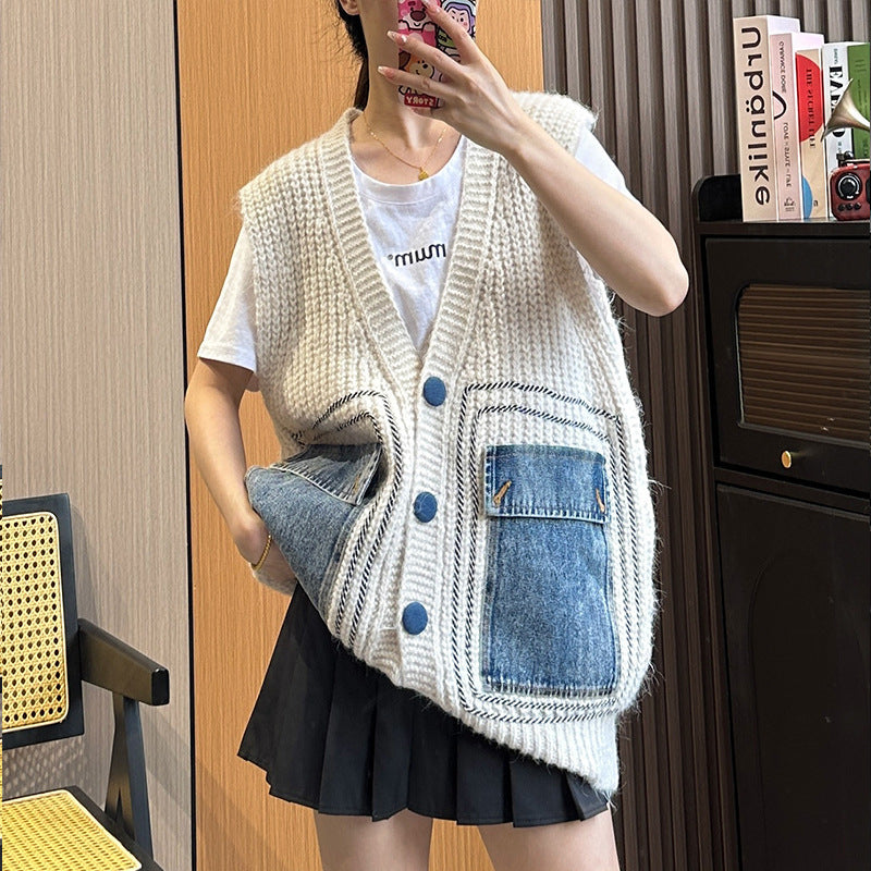 Denim Patchwork Knitting Vest Coat Women
