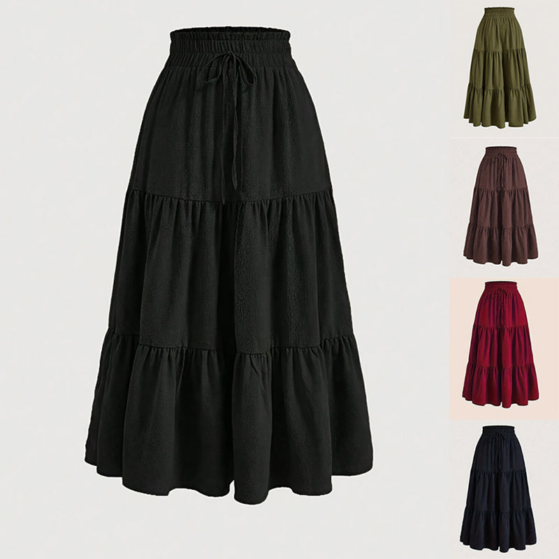 Women's Solid Color High-Waist. Knot Detail Flowy Pleated Midi Skirt - Elegant A-Line Skirt For Spring Summer