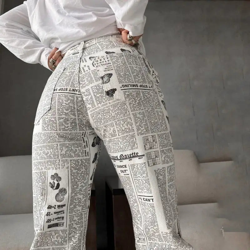 Beige Print Patchwork Straight Pants for Women