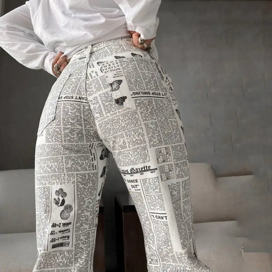 Beige Print Patchwork Straight Pants for Women
