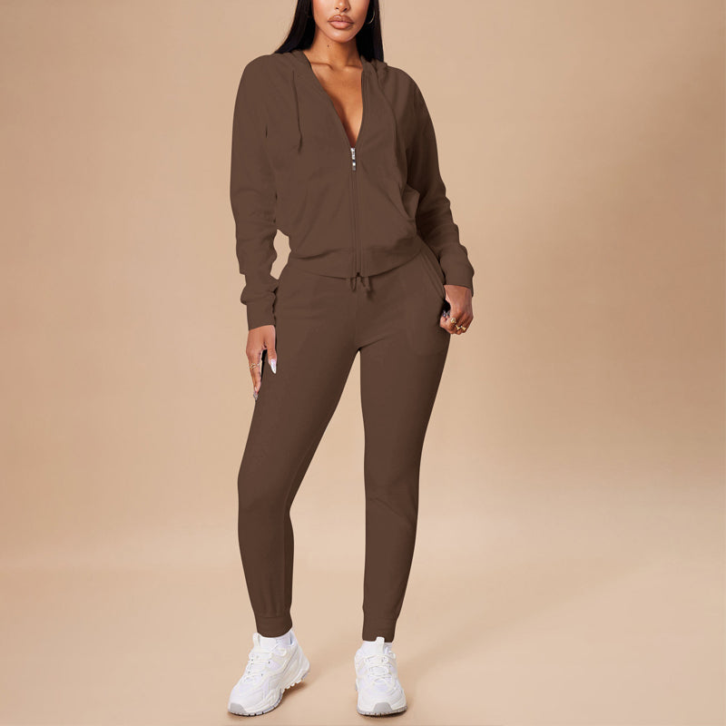 2-piece Zip Pocket Drawstring Hooded Crop Top & Slim Fit Pocket Pants - Ribbed Detail Casual Outfit for women