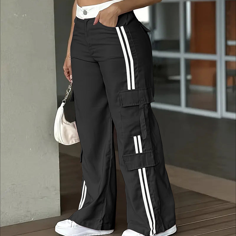 Women's Striped Straight Leg Pants. Button Zip With Pocket, Casual Trousers For Spring And Fall